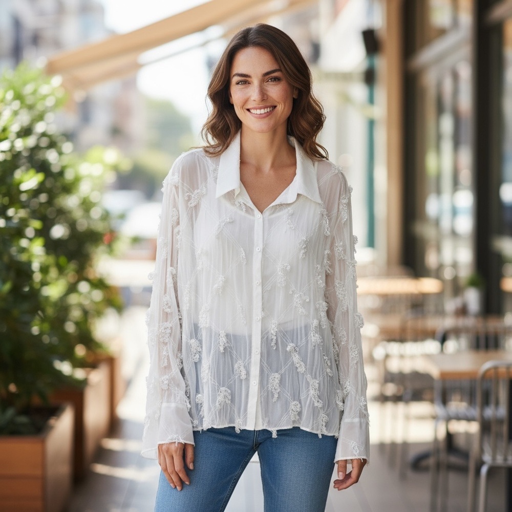 KAELYN-MAX II Elegant White Embroidered Button Down Shirt